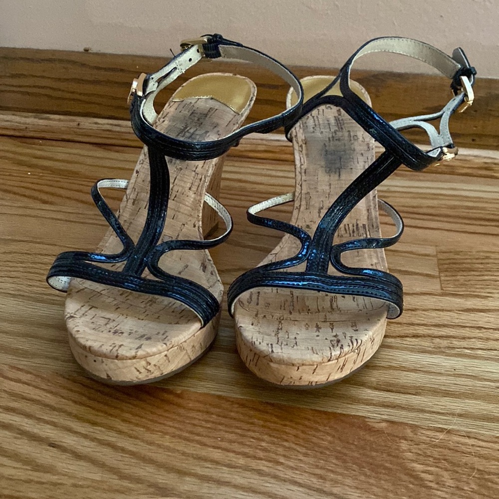 Michael Korean Black Patent Leather and Cork Wedges